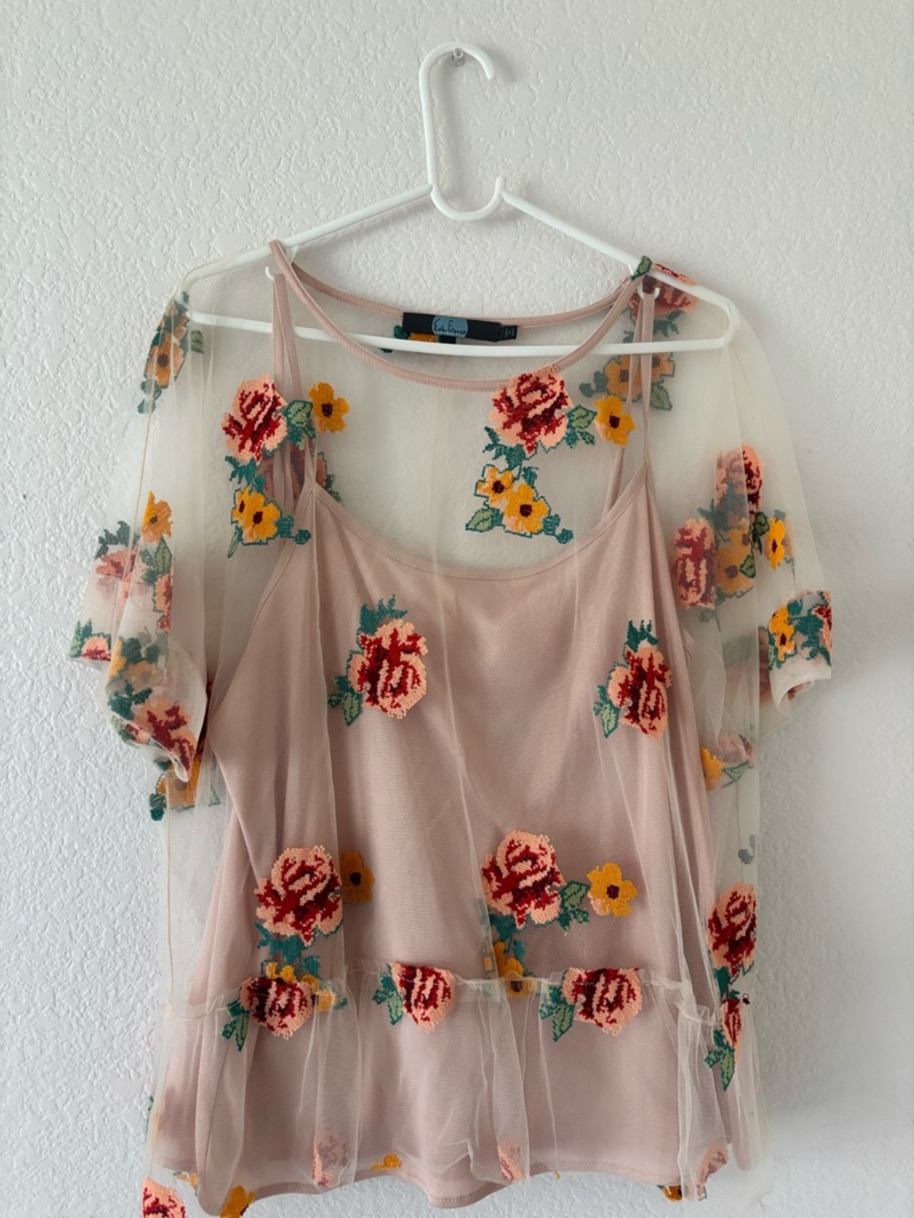 Eva Franco Sheer Embroidered Floral Pink Overlay Top